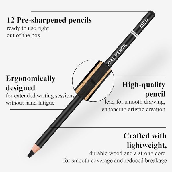 Charcoal Pencils for drawing, Set of 12, Charcoal Drawing Pencils (S-Soft, Soft, Medium, Hard), Art Supplies for Artist, Sketching, Shading - Image 3