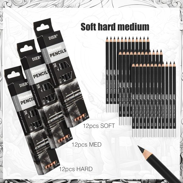 Geyoga 36 Pcs Professional Charcoal Pencils Soft, Medium and Hard for Drawing Charcoal Pencils for Sketching Shading Drawing Blending Portrait(Black,Assorted) - Image 2