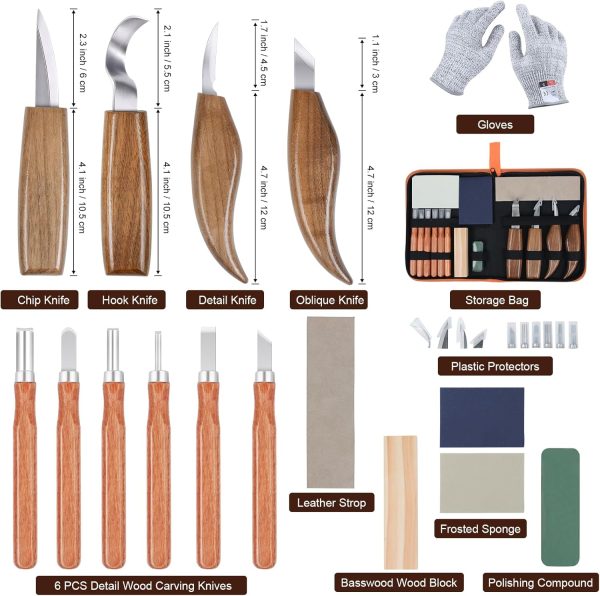 Ninonly 17Pcs Wood Carving Tools Kit - Beginner's Wood Whittling Set with 6Pcs Carbon Steel Knife, Gloves, Knife Sharpener for Spoon, Bowl, Kuksa Cup - Image 3