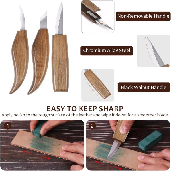 Ninonly 17Pcs Wood Carving Tools Kit - Beginner's Wood Whittling Set with 6Pcs Carbon Steel Knife, Gloves, Knife Sharpener for Spoon, Bowl, Kuksa Cup - Image 4