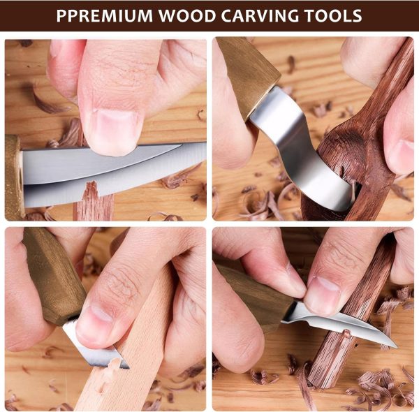Ninonly 17Pcs Wood Carving Tools Kit - Beginner's Wood Whittling Set with 6Pcs Carbon Steel Knife, Gloves, Knife Sharpener for Spoon, Bowl, Kuksa Cup - Image 6