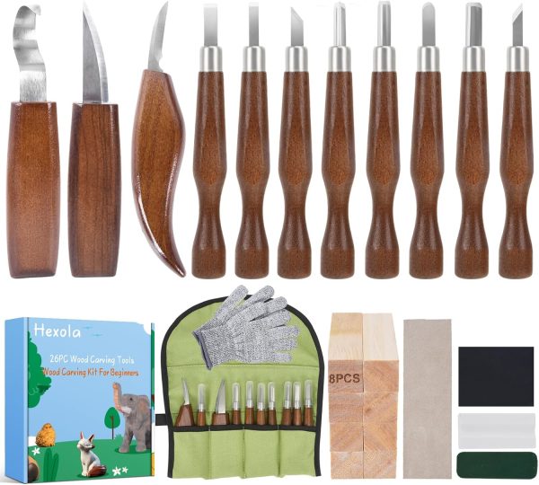 Wood Carving Tools, Wood Carving Kit 26-In-1 Whittling Kit- Includes Walnut Handle Wood Carving Knife,Whittling Knife, Hook Knife, Cut Resistant Gloves, Wood Carving Kit For Beginners