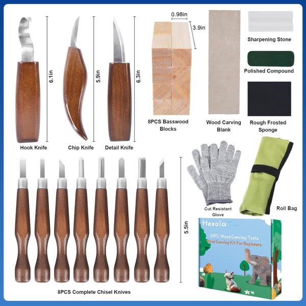 Wood Carving Tools, Wood Carving Kit 26-In-1 Whittling Kit- Includes Walnut Handle Wood Carving Knife,Whittling Knife, Hook Knife, Cut Resistant Gloves, Wood Carving Kit For Beginners - Image 2